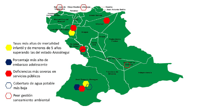 Figura 4. Municipios vulnerables según indicadores de salud y servicios básicos seleccionados Elaboración propia (5, 24, 31)